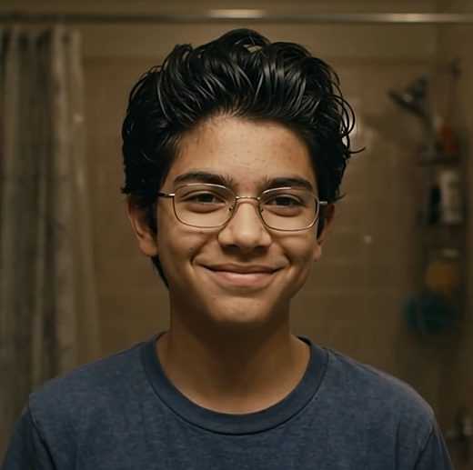 Kaza in the bathroom mirror with his new hair, smiling