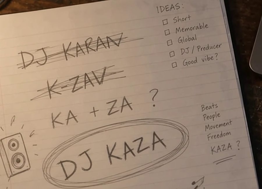 A notebook page with crossed-out names and DJ KAZA circled